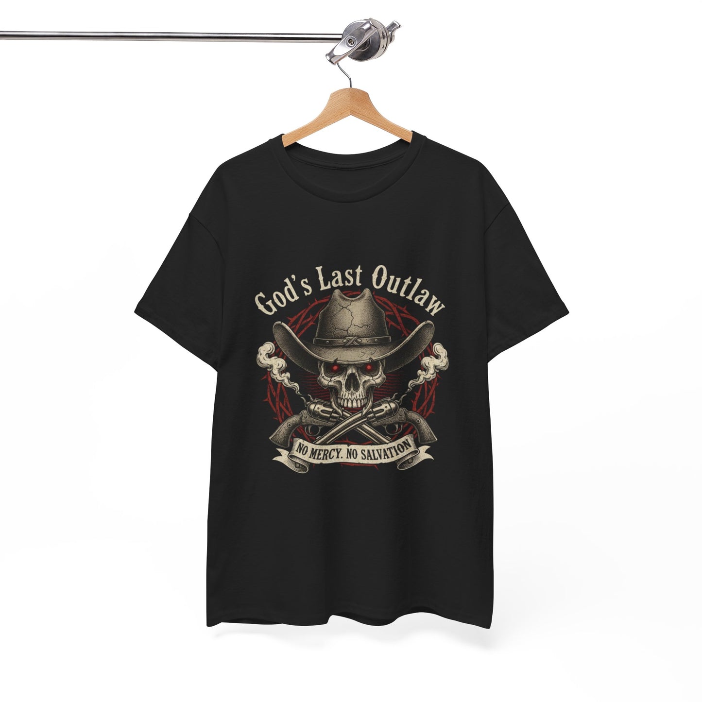 God's Last Outlaw Skull Cowboy T-Shirt — No Mercy, No Salvation Graphic Tee