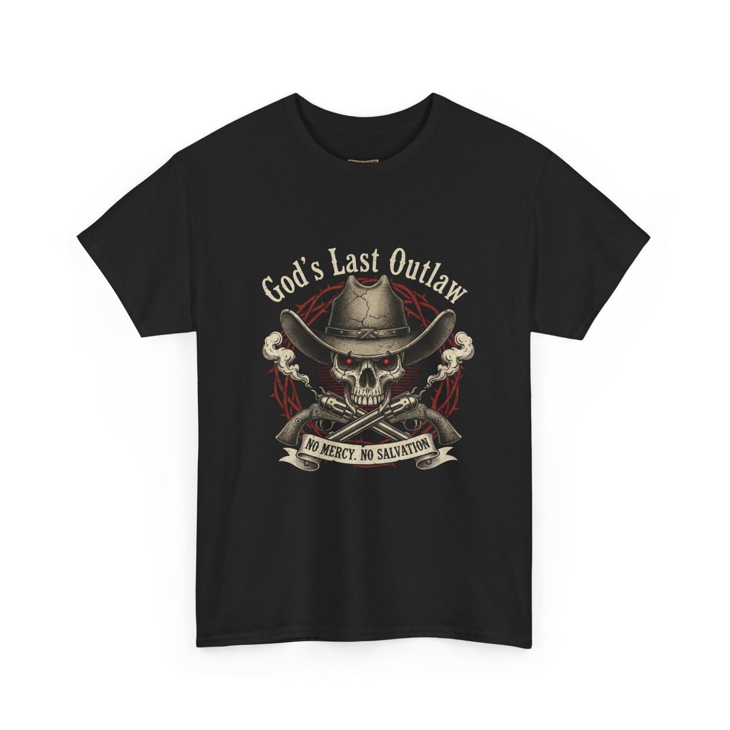 God's Last Outlaw Skull Cowboy T-Shirt — No Mercy, No Salvation Graphic Tee