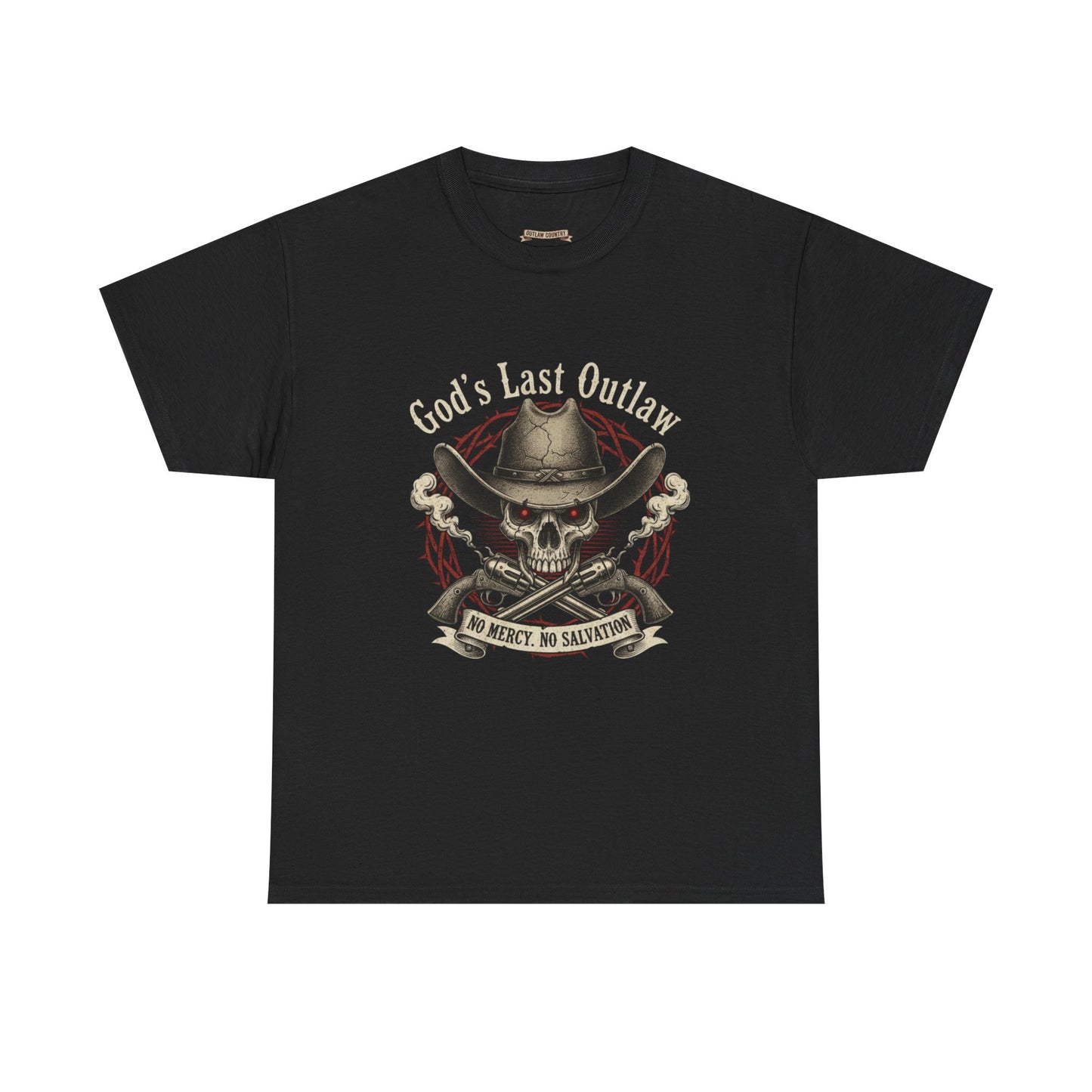 God's Last Outlaw Skull Cowboy T-Shirt — No Mercy, No Salvation Graphic Tee